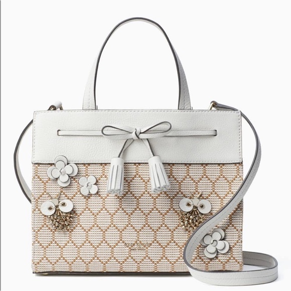 KATE SPADE White & Cream Honeycomb Beaded Bee Leather Crossbody Satchel Bag - Picture 13 of 13